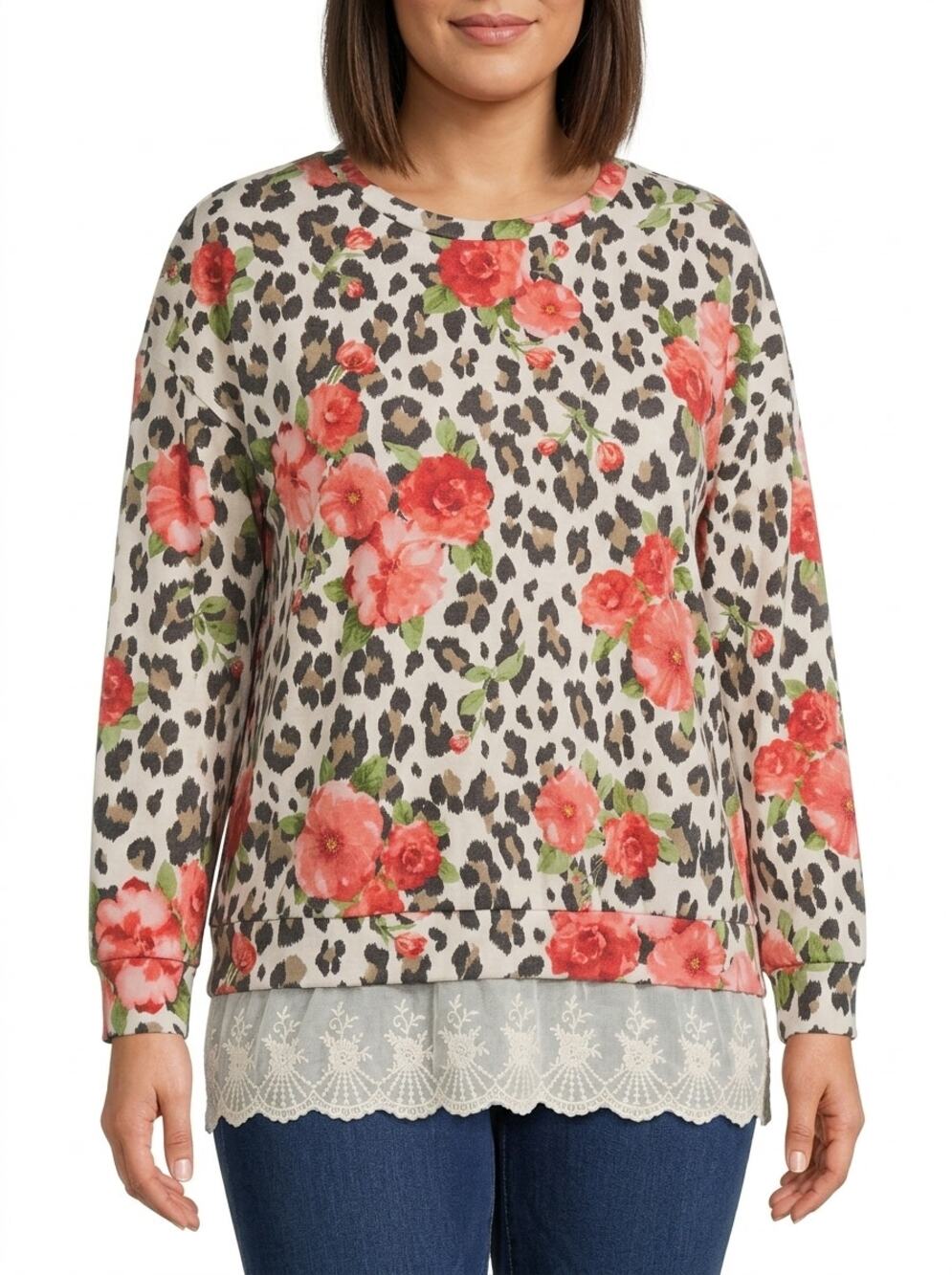Honeyme Made in USA Floral Embroidered Crew Neck Lace Trim Top Women Size M